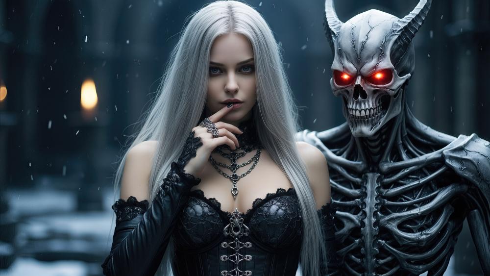 Silver Haired Gothic Siren With Demon Skeleton Guardian In Winter Fog wallpaper