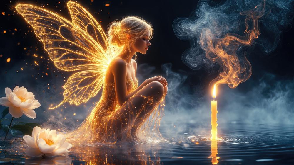 Luminous Angel Fairy by Candlelight in Enchanted Waters 4K wallpaper