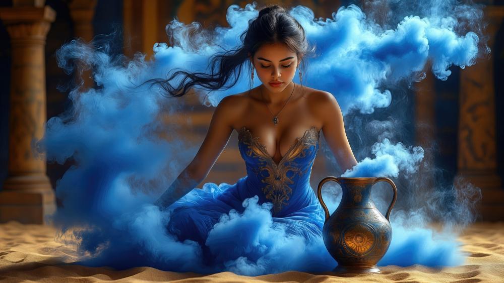 Mystical Arabian Beauty Summoning Blue Smoke Genie in Desert Palace 4K wallpaper