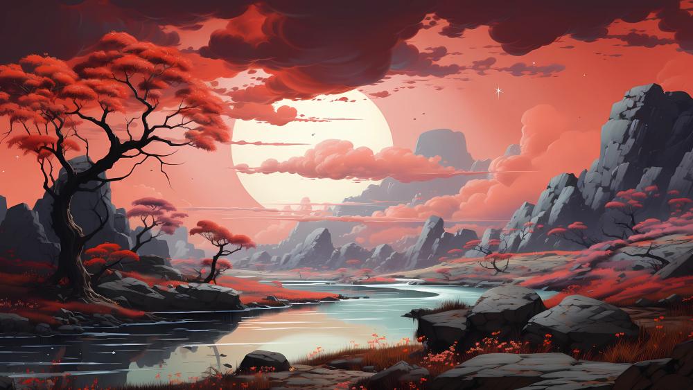 Crimson River Under a Giant Moon Anime Landscape Wallpaper wallpaper