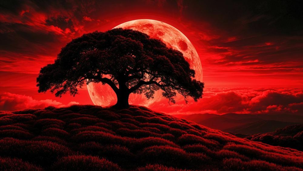 Lone Tree Silhouette Beneath the Blood Moon in Crimson Skies wallpaper