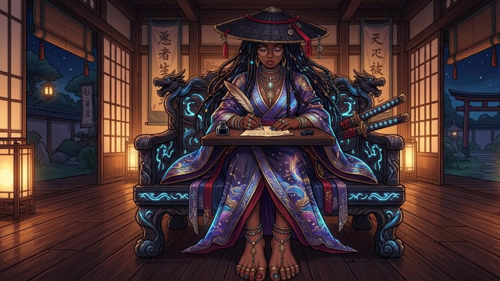 Midnight Scribe in an Enchanted Oriental Tea House wallpaper