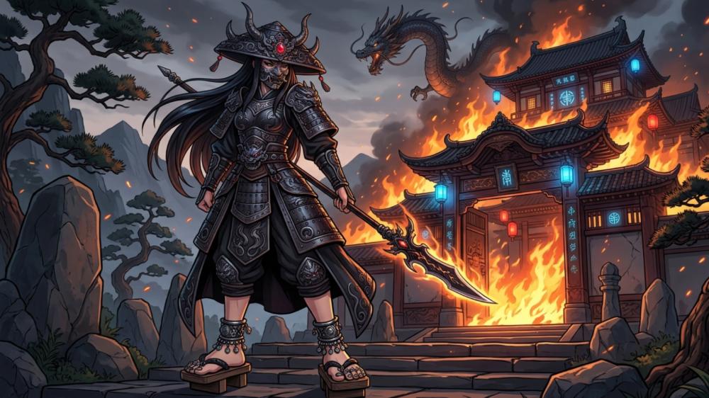 Ember Temple Duel Anime Samurai Girl and Shadow Dragon wallpaper