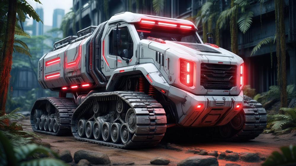 Neon Tread Behemoth Roaming a Lost Jungle City wallpaper