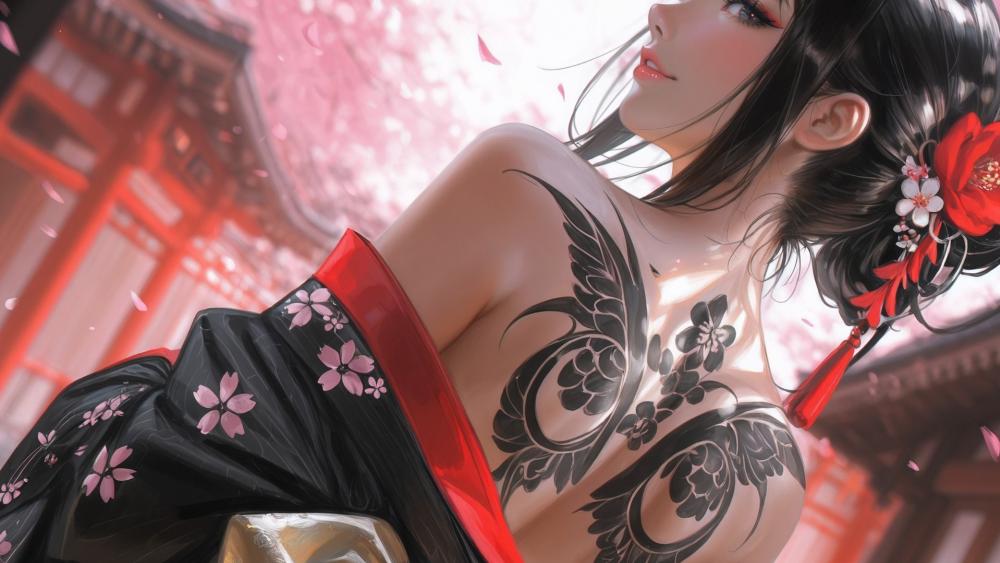 Cherry Blossom Shrine Tattooed Anime Girl in Elegant Kimono wallpaper