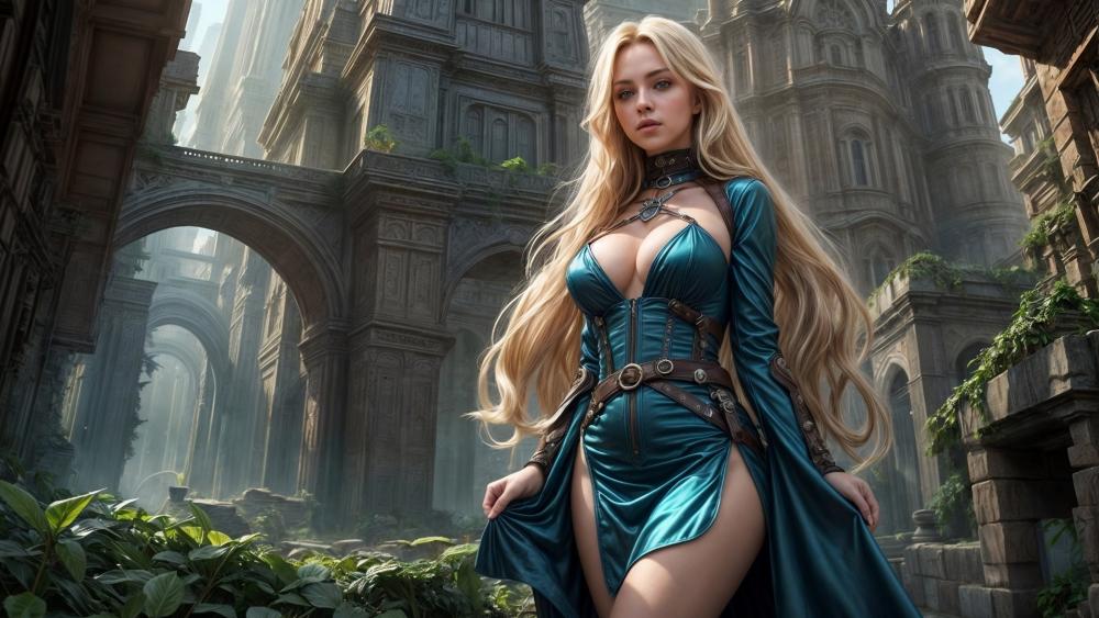 Blonde Enchantress in Ancient Sky City Ruins Fantasy Wallpaper wallpaper