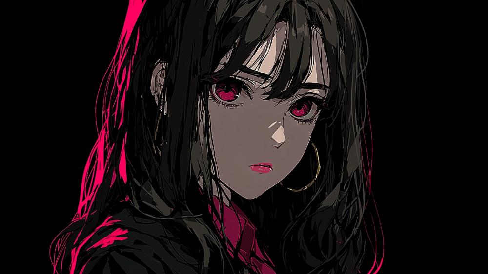 Neon Noir Anime Girl on Black Pink Glow wallpaper