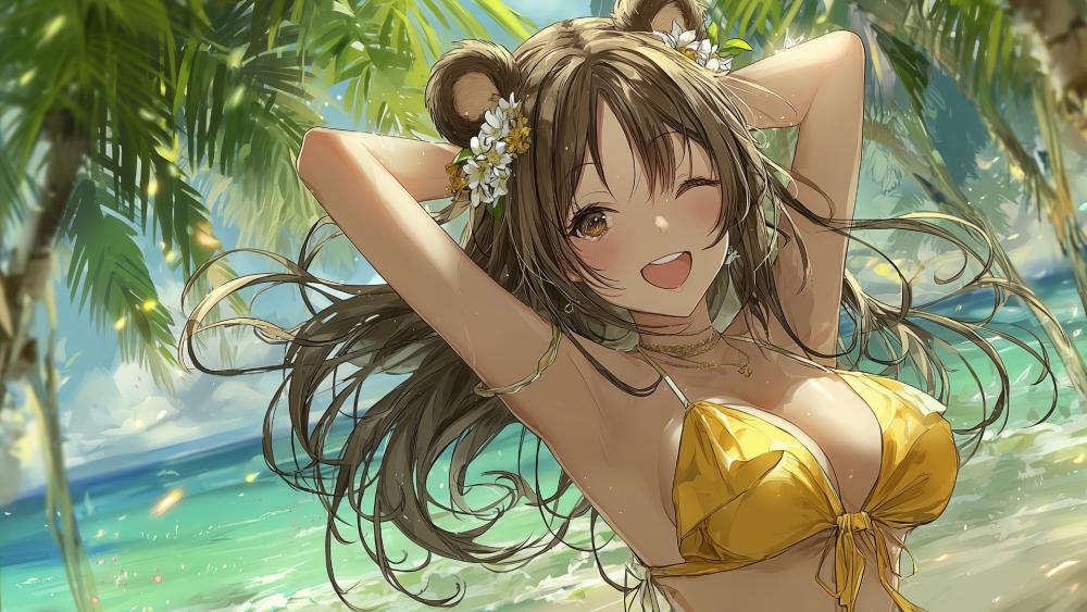 Sunlit Tropical Waifu in Golden Bikini by the Crystal Shore wallpaper