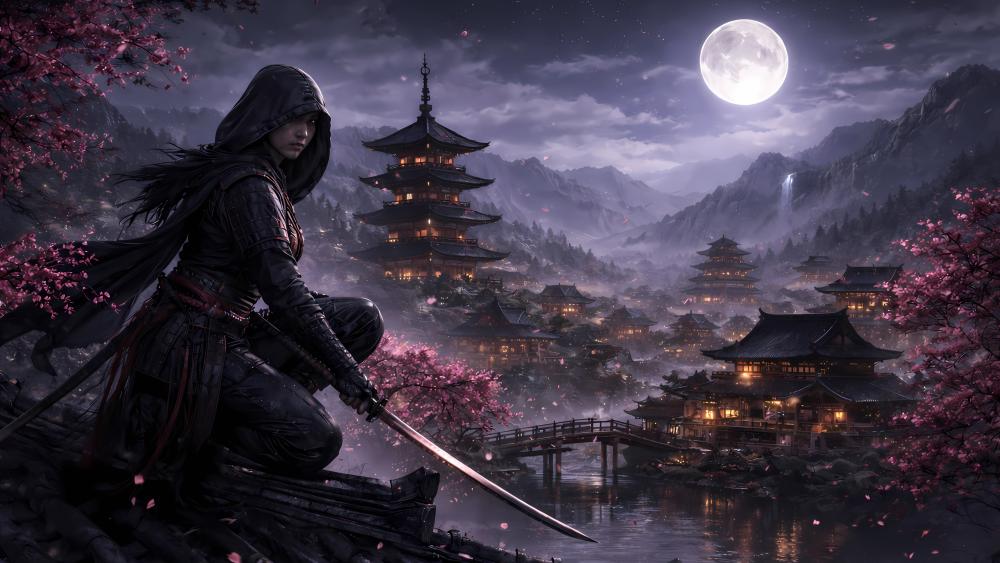 Moonlit Samurai Girl Over Dusk Pagodas and Cherry Blossoms wallpaper