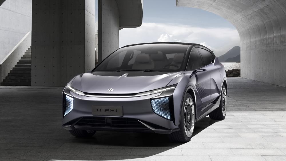 HiPhi Luxury Electric SUV in Minimalist Concrete Architecture 5K Wallpaper wallpaper