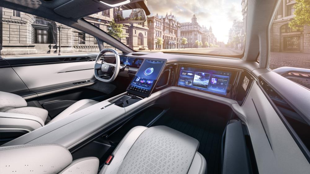 HiPhi Luxury Electric SUV Interior With Panoramic City Sunrise View wallpaper