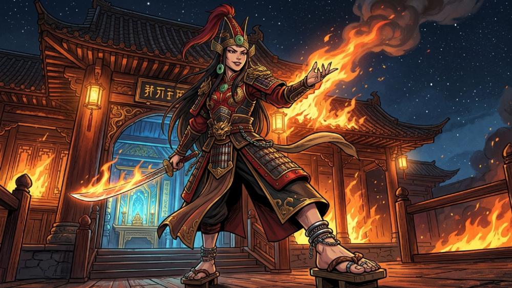 Blazing Temple Guardian Anime Samurai Girl Under Starlit Skies wallpaper