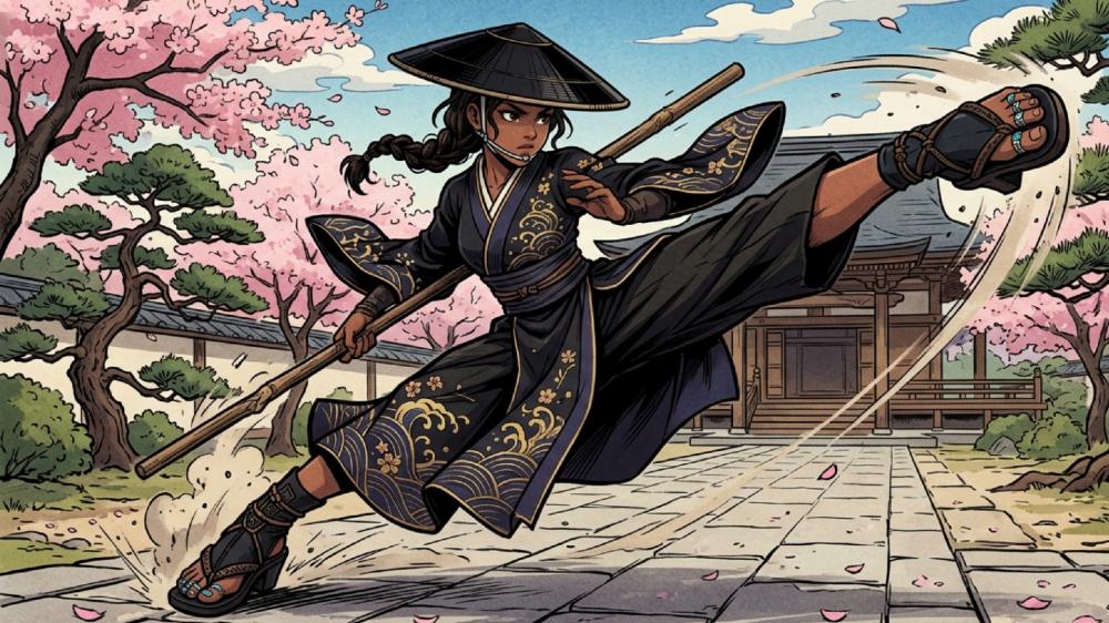 Cherry Blossom Courtyard Samurai Girl in Dynamic Anime Style wallpaper