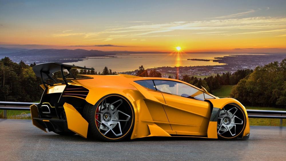 Lamborghini Sinistro Concept Supercar at Sunset Over Scenic Coast wallpaper