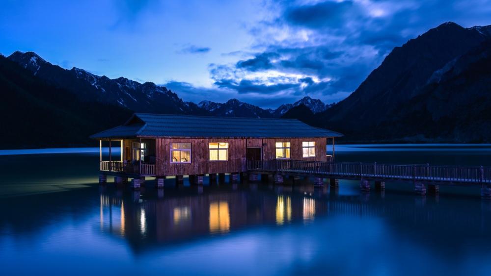 Blue Hour Lakehouse Serenity in Changdu Valley Sichuan wallpaper