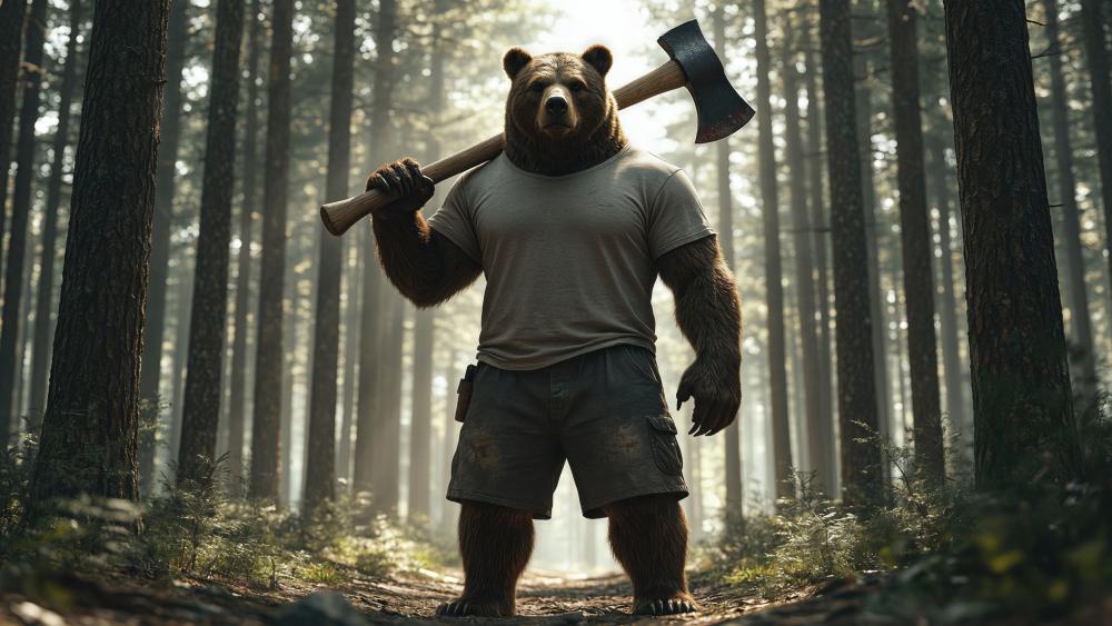 Axe Bearing Guardian Bear in a Sunlit Fantasy Forest wallpaper