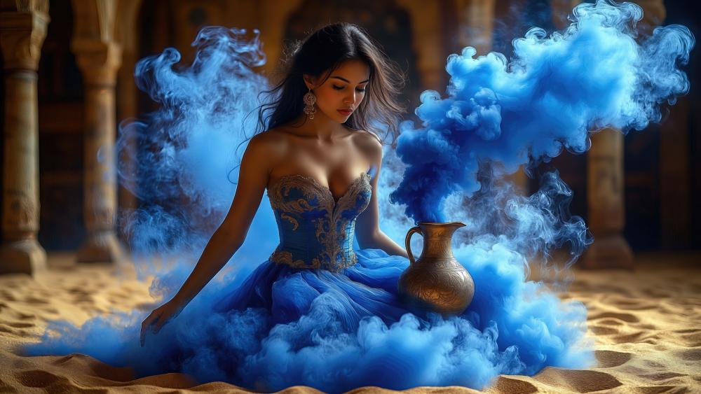 Enchanted Blue Smoke Genie in Arabian Sands 4K Fantasy Wallpaper wallpaper