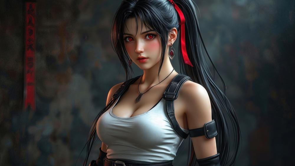 Crimson Eyed Anime Warrior Girl with Flowing Black Hair in 4K wallpaper