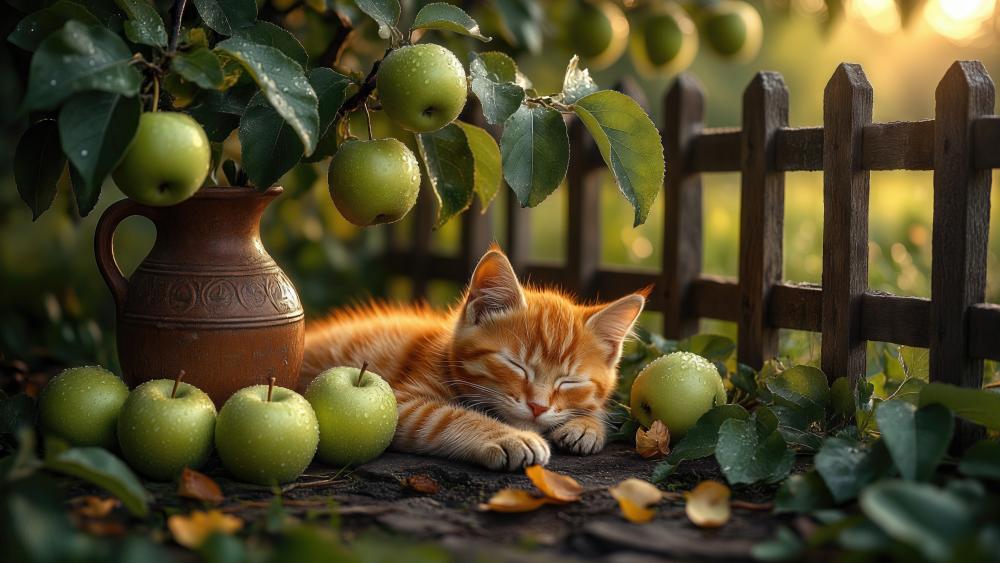 Dreaming Ginger Kitten Among Dewy Apples in a Quiet Garden wallpaper