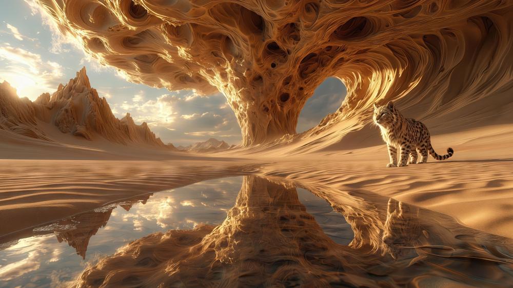 Mirrored Desert Sanctuary Beneath a Celestial Sand Arch wallpaper