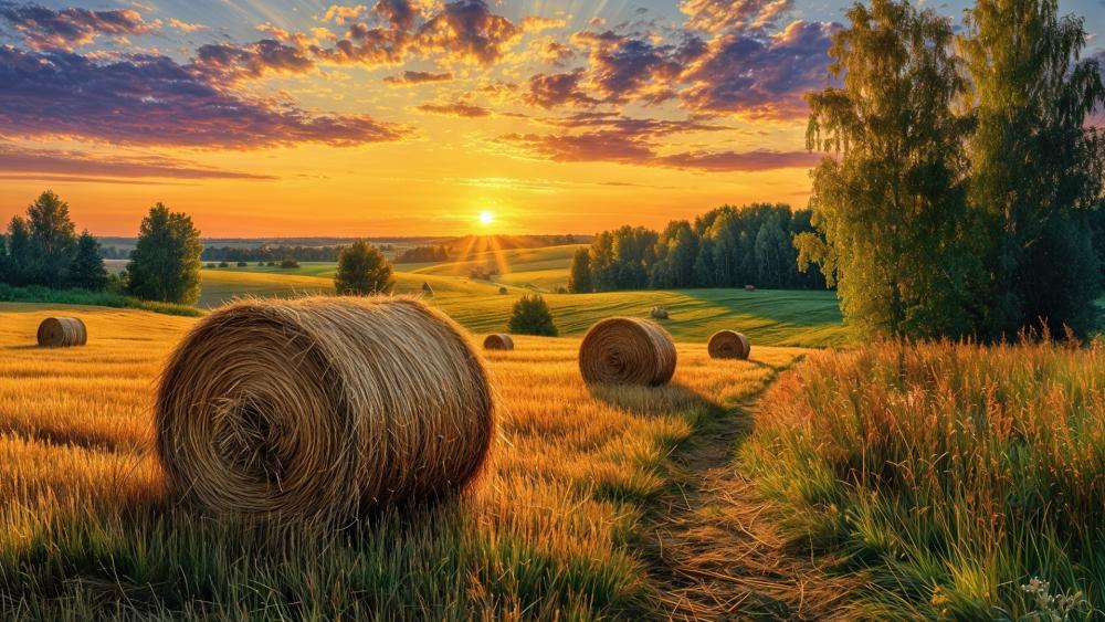 Golden Haystacks at Sunset Across a Quiet Summer Prairie wallpaper