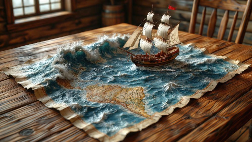 Stormy Map Sea with Miniature Galleon Sailing Across a Wooden Table wallpaper