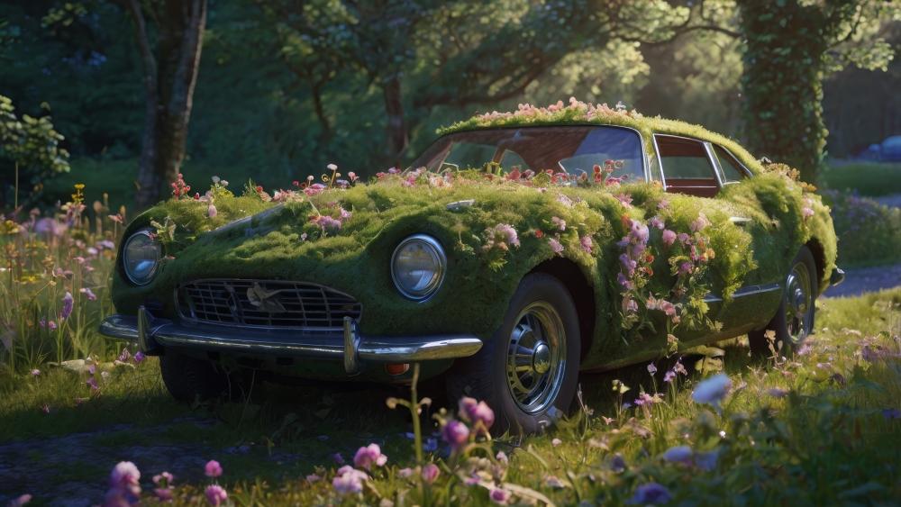 Moss Covered Classic Car Resting in a Wildflower Forest Glade wallpaper