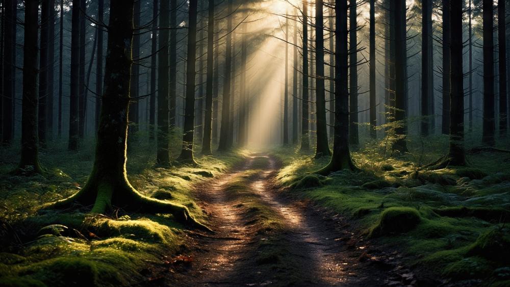 Sunlit Woodland Path Through Quiet Pines wallpaper