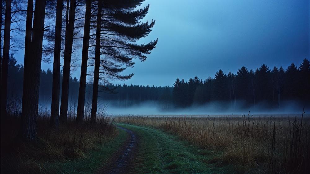 Midnight Mist Over Silent Forest Pathway wallpaper
