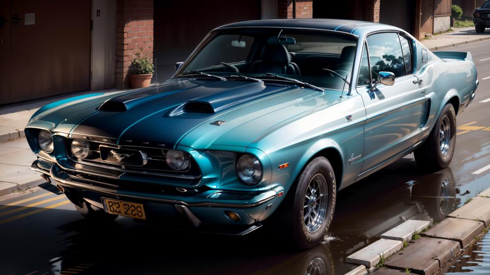 Classic Ford Mustang in Teal Shine on a Quiet City Street wallpaper