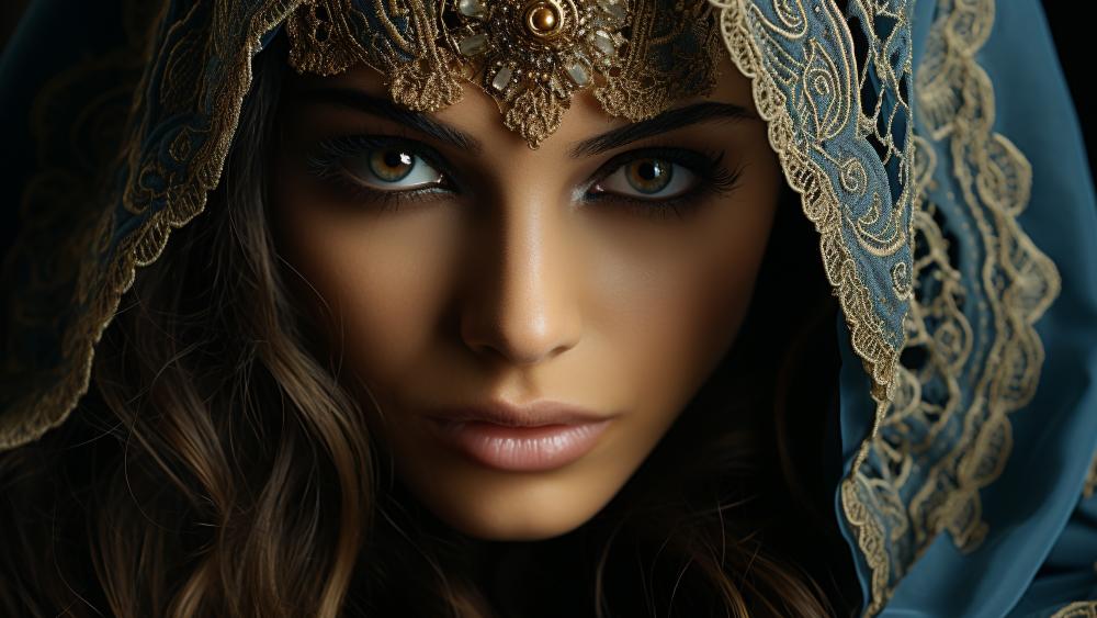 Veiled Enchantress Portrait in Golden Lace and Midnight Blue wallpaper