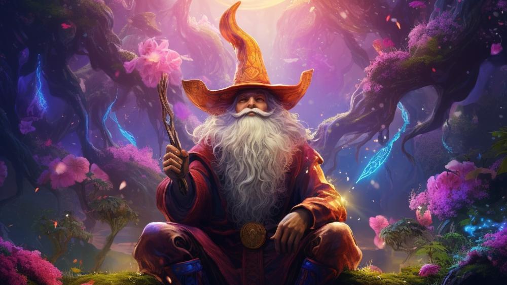 Elder Wizard in Enchanted Grove of Blooming Light wallpaper