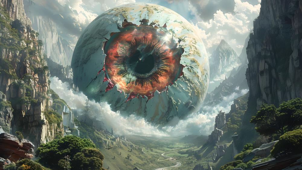 Awakened Planet Eye Over a Lost Valley of Clouds and Cliffs wallpaper