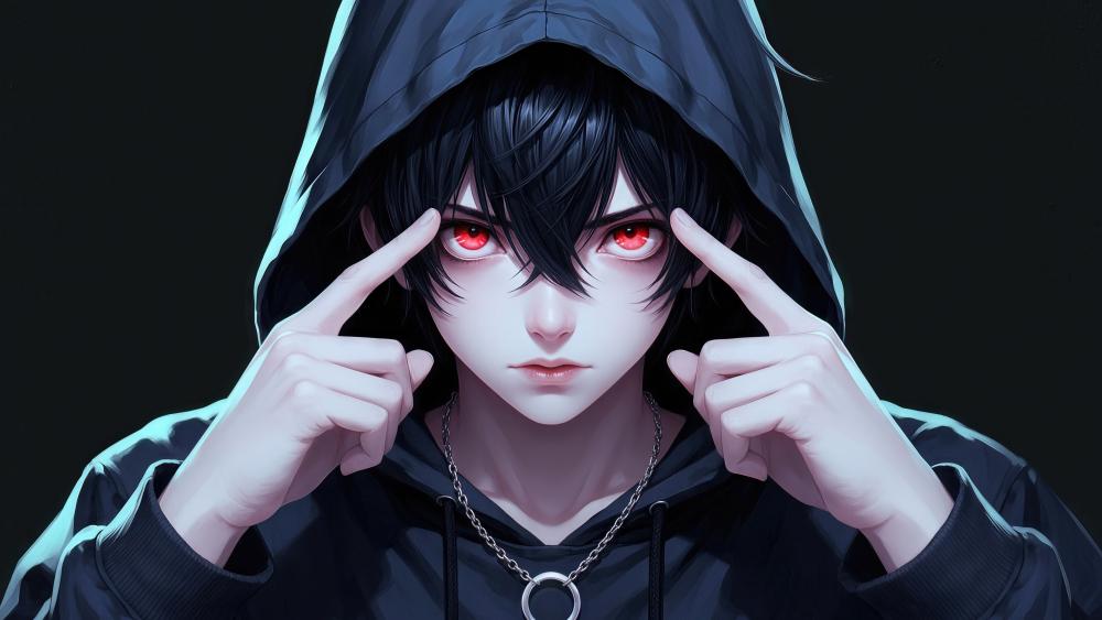 Crimson Gaze Hoodie Boy in Shadowed Neon Anime Style 4K wallpaper