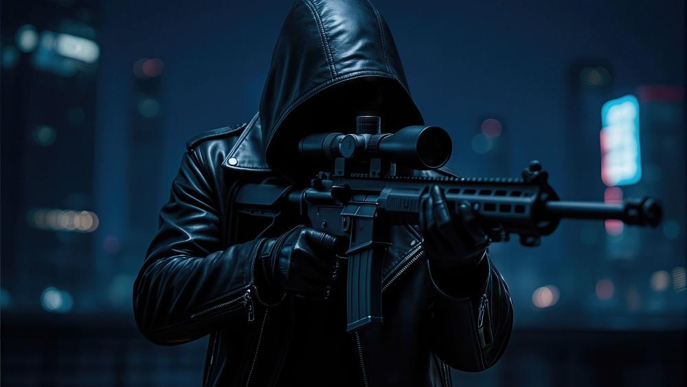 Faceless Hooded Sniper in Neon Night City 4K Military Wallpaper wallpaper