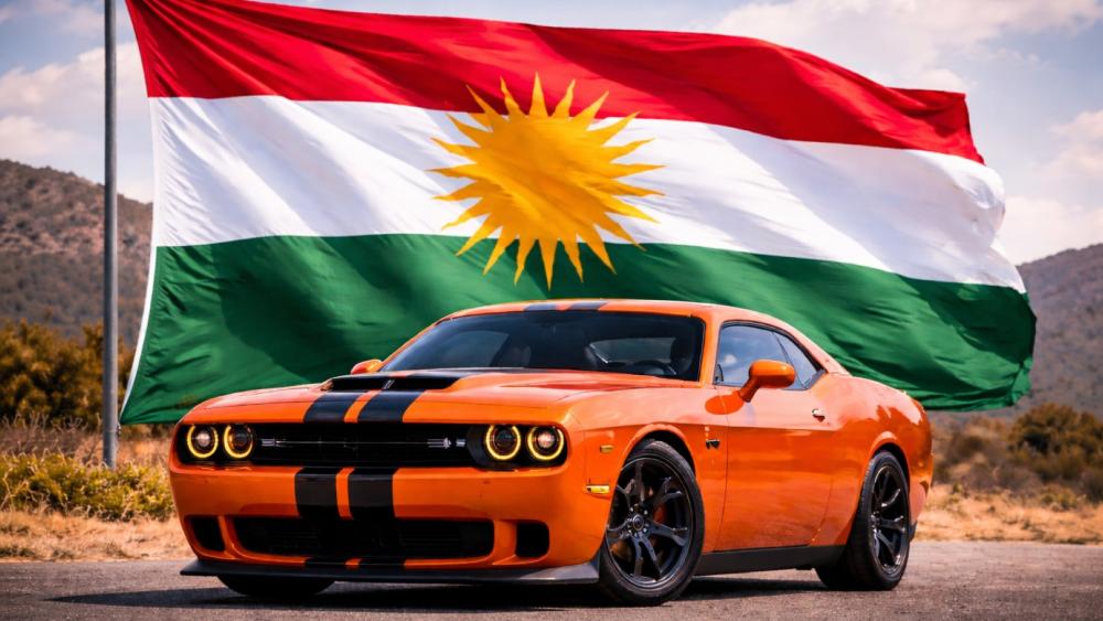 Dodge Muscle Car Roaring Under the Kurdistan Flag in Iraq wallpaper