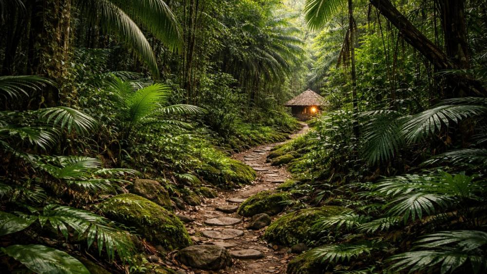 Hidden Rainforest Hut Along a Mossy Stone Path wallpaper