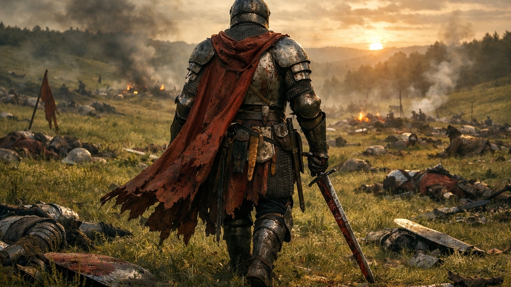 Lone Armored Knight Walking Through a Smoke Filled Battlefield at Sunset wallpaper
