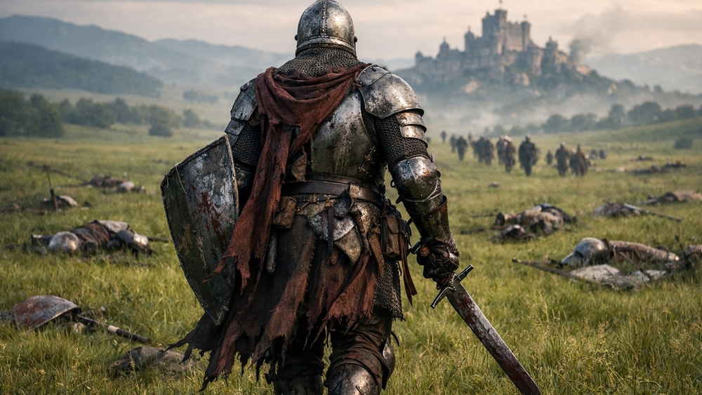 Lone Armored Knight Walking Through a Silent Post Battle Field wallpaper