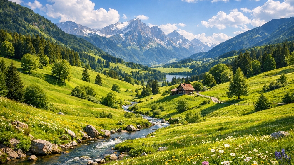 Sunlit Alpine Valley Stream Beside a Quiet Mountain Hut wallpaper