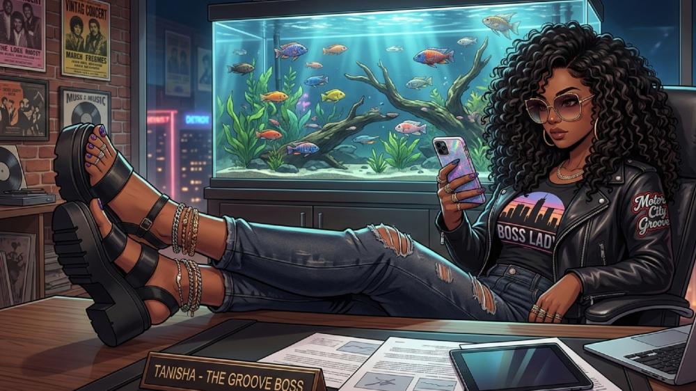 Neon Groove Boss Lady Relaxing in Her Anime Office wallpaper
