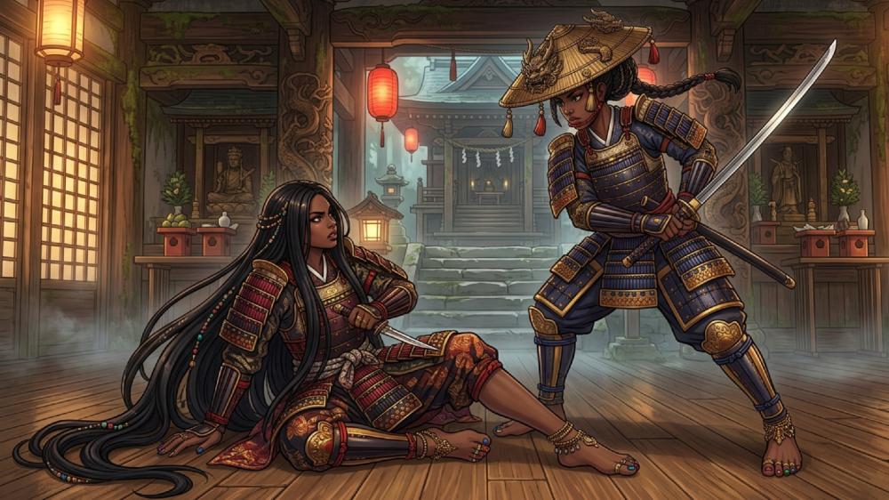 Lantern Lit Dojo Duel Between Armored Samurai Girls wallpaper