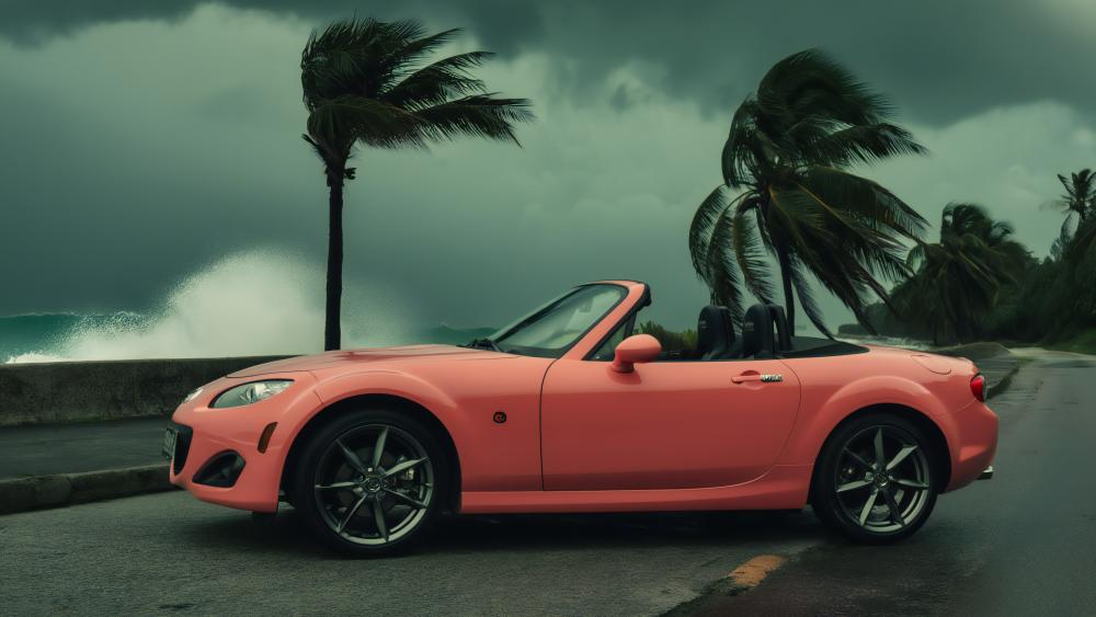 Miata Roadster Riding Out a Tropical Storm by the Sea wallpaper
