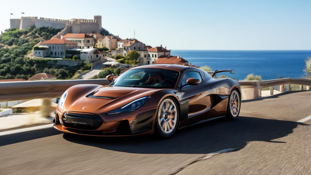 Rimac Hypercar Cruising Croatia Coastal Road with Castle Views wallpaper