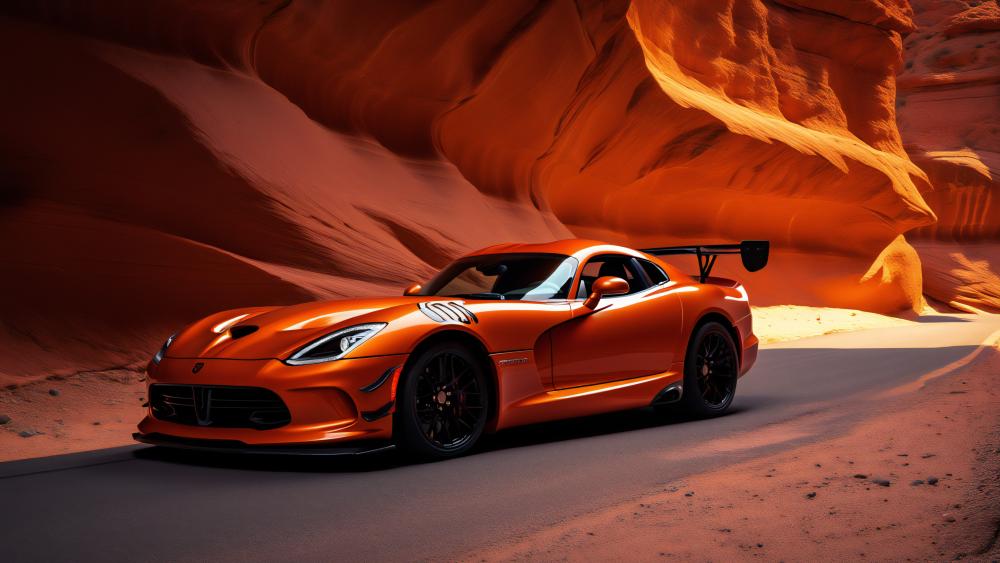Tangerine Dodge Viper Racing Through Desert Canyons in 5K wallpaper
