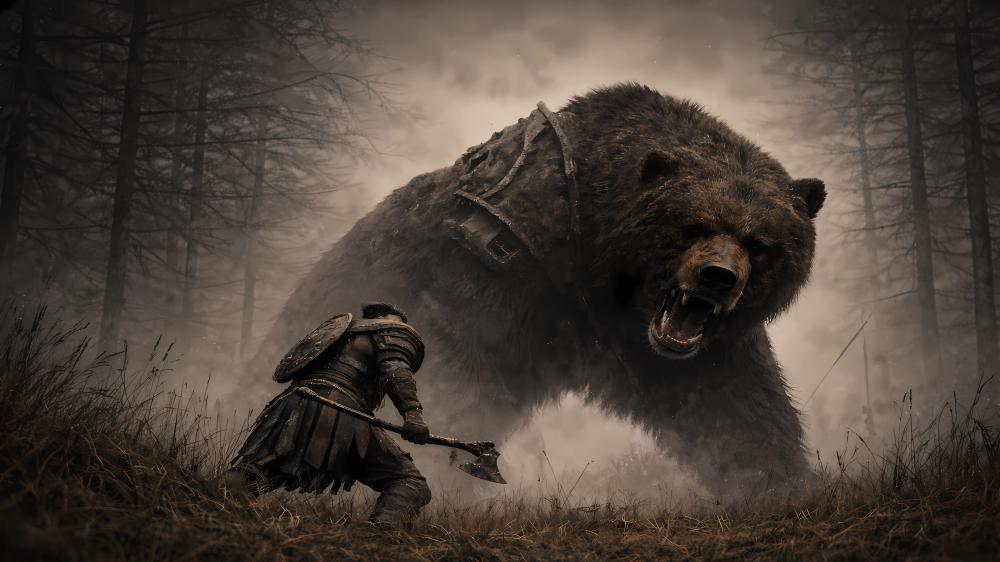 Warrior Faces the Colossal Bear in a Mistbound Forest Duel wallpaper