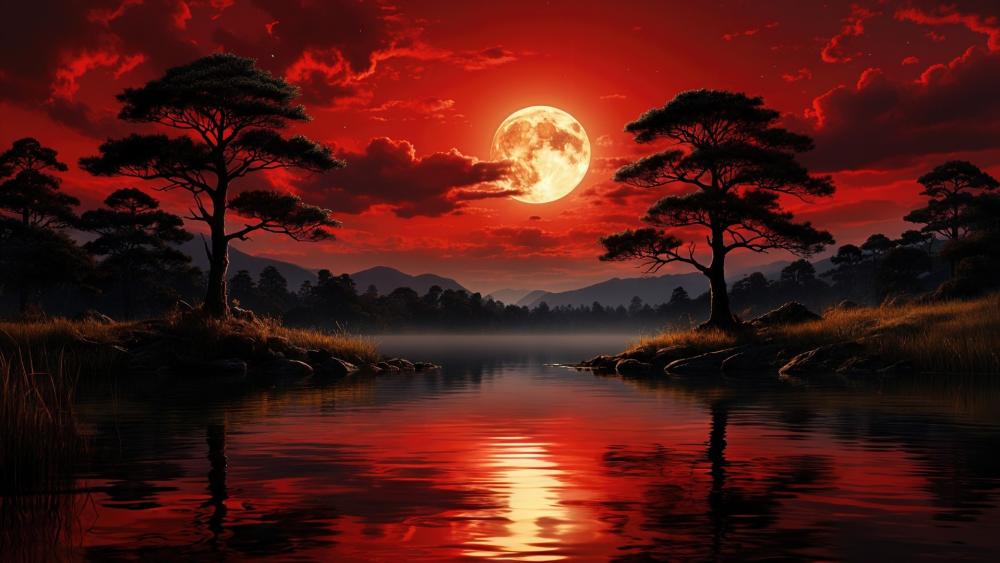 Crimson Supermoon Over Silent River Valley wallpaper