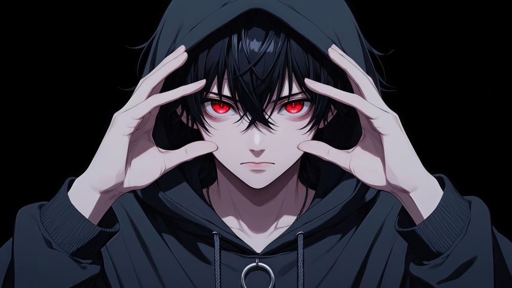 Crimson Gaze Hoodie Boy in Shadowed Anime Style 4K wallpaper