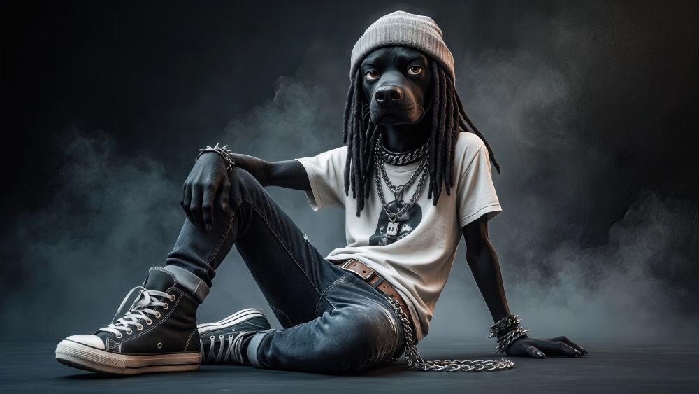 Streetwise Black Dog Rocking Dreadlocks and Ripped Jeans wallpaper