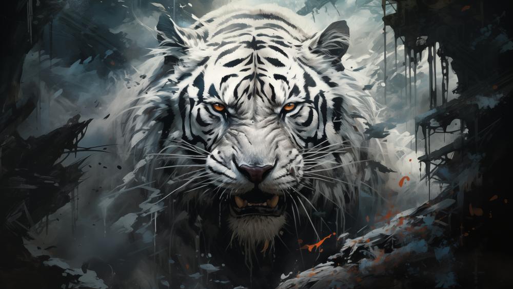 Frostfang White Tiger Emerging From Shadowed Stormscape wallpaper